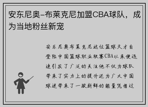 安东尼奥-布莱克尼加盟CBA球队，成为当地粉丝新宠
