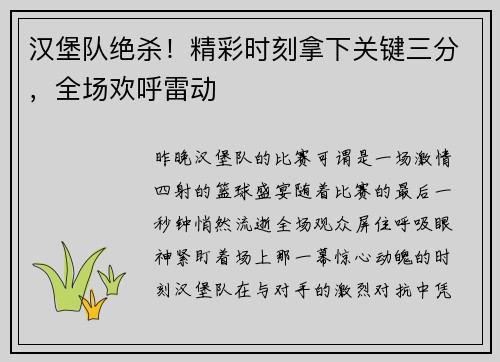 汉堡队绝杀！精彩时刻拿下关键三分，全场欢呼雷动
