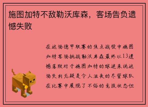 施图加特不敌勒沃库森，客场告负遗憾失败
